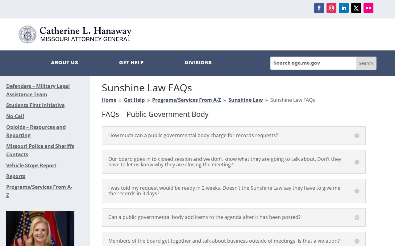 Barton County booking record request guidance from Missouri Sunshine Law FAQs